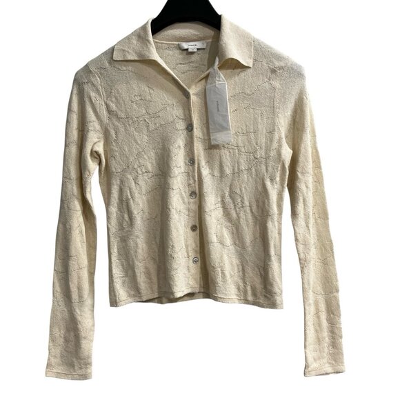 Vince Top Womens S Italian Cotton Blend Ivory Textured Floral Button Up Preppy - Picture 1 of 10